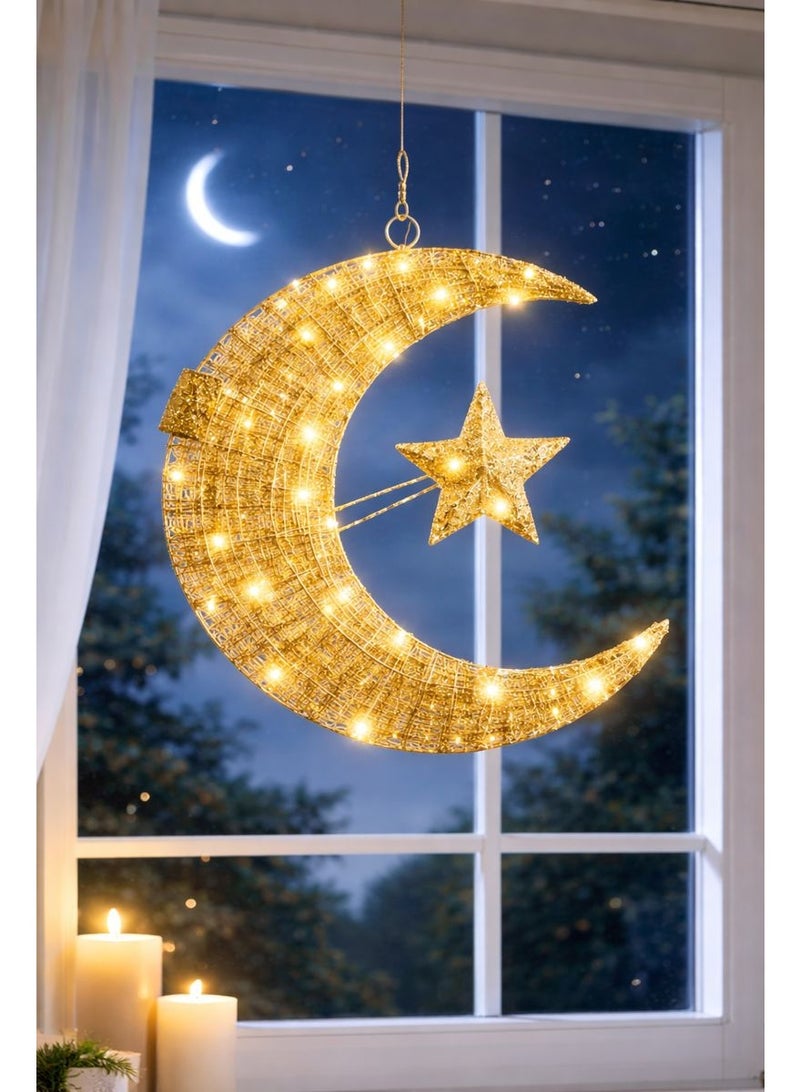 Home Care Golden Moon & Star Wall Hanging Decor Lamp With Constant 3-Battery Light, 60cm (50 Warm LEDs) - Image 4
